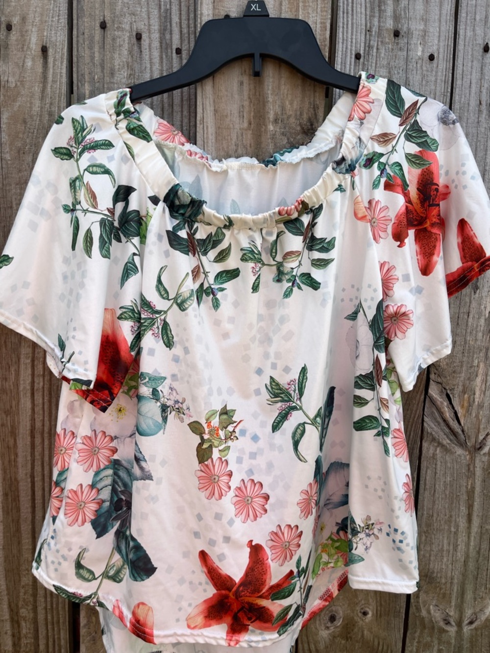 Floral Off-Shoulder Blouse in White with Red & Green Print